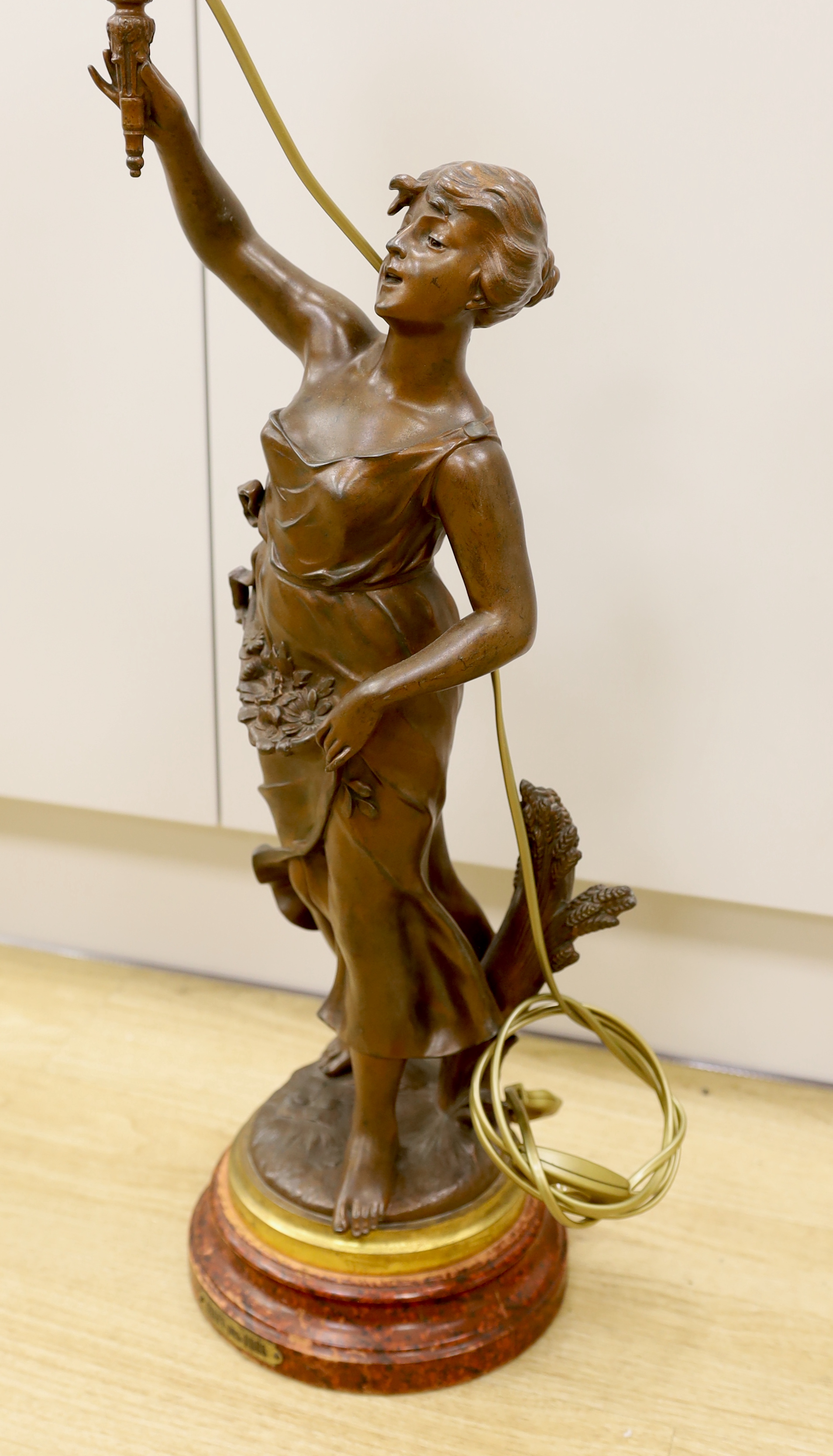 W. Hering, a spelter figural lamp with shade ‘Chant Pes Fres’, on faux marble base, 83cm